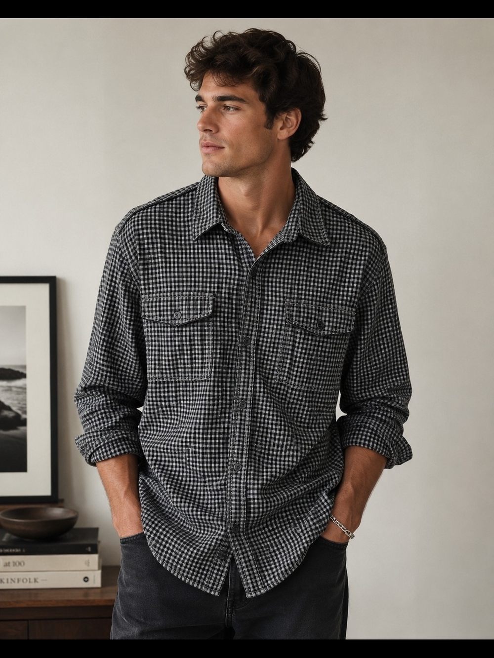 French Connection Black & White Gingham Button-Down Shirt